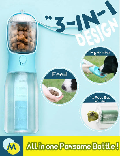 3-in-1 Portable Water Bottle for Dogs with Food Treat Container and Poop Bag Holder - Ideal for Outdoor Activities - 20oz - Blue