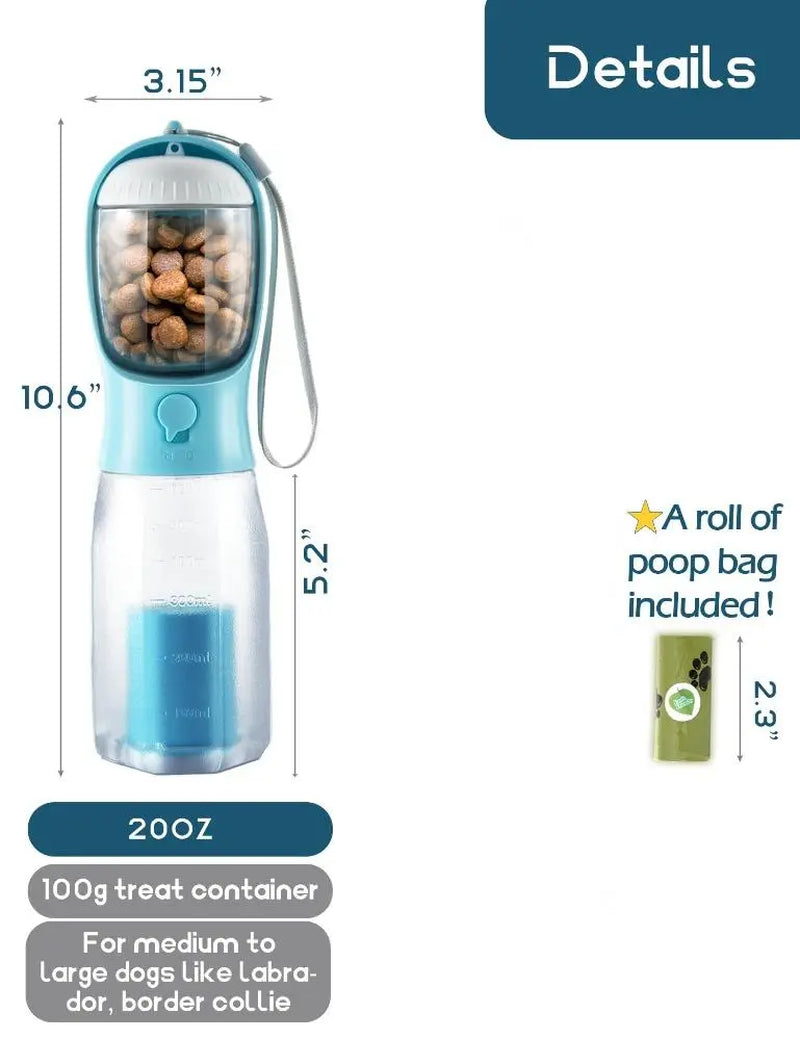 3-in-1 Portable Water Bottle for Dogs with Food Treat Container and Poop Bag Holder - Ideal for Outdoor Activities - 20oz - Blue