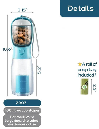 3-in-1 Portable Water Bottle for Dogs with Food Treat Container and Poop Bag Holder - Ideal for Outdoor Activities - 20oz - Blue