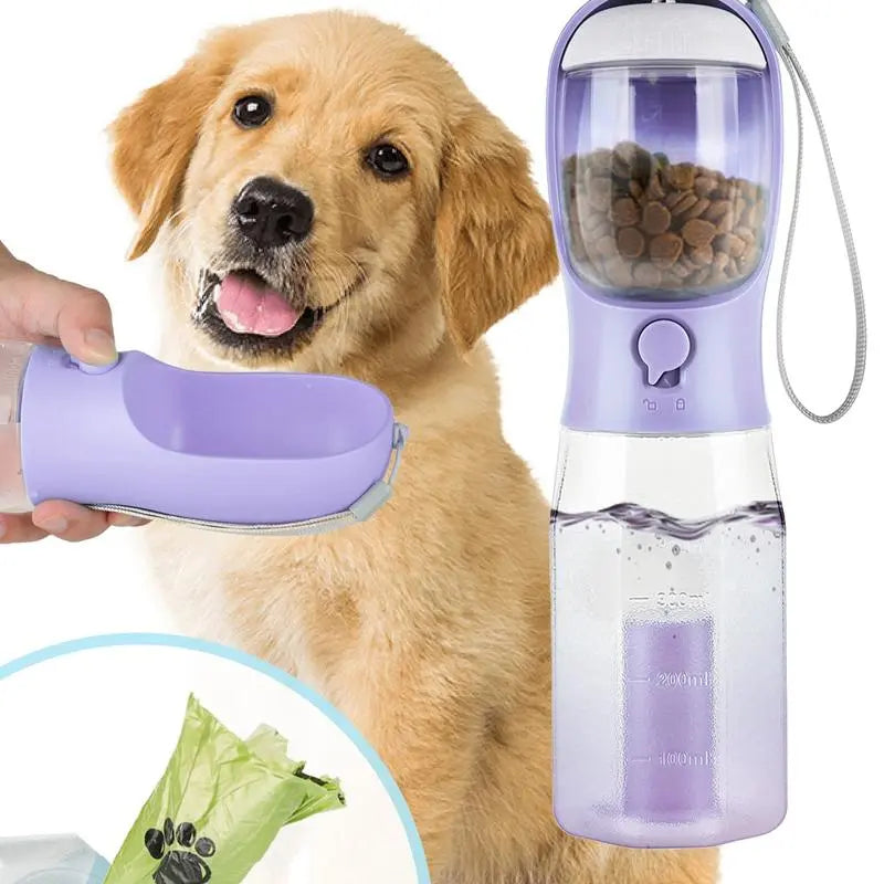 3-in-1 Portable Water Bottle for Dogs with Food Treat Container and Poop Bag Holder - Ideal for Outdoor Activities - 20oz - Blue