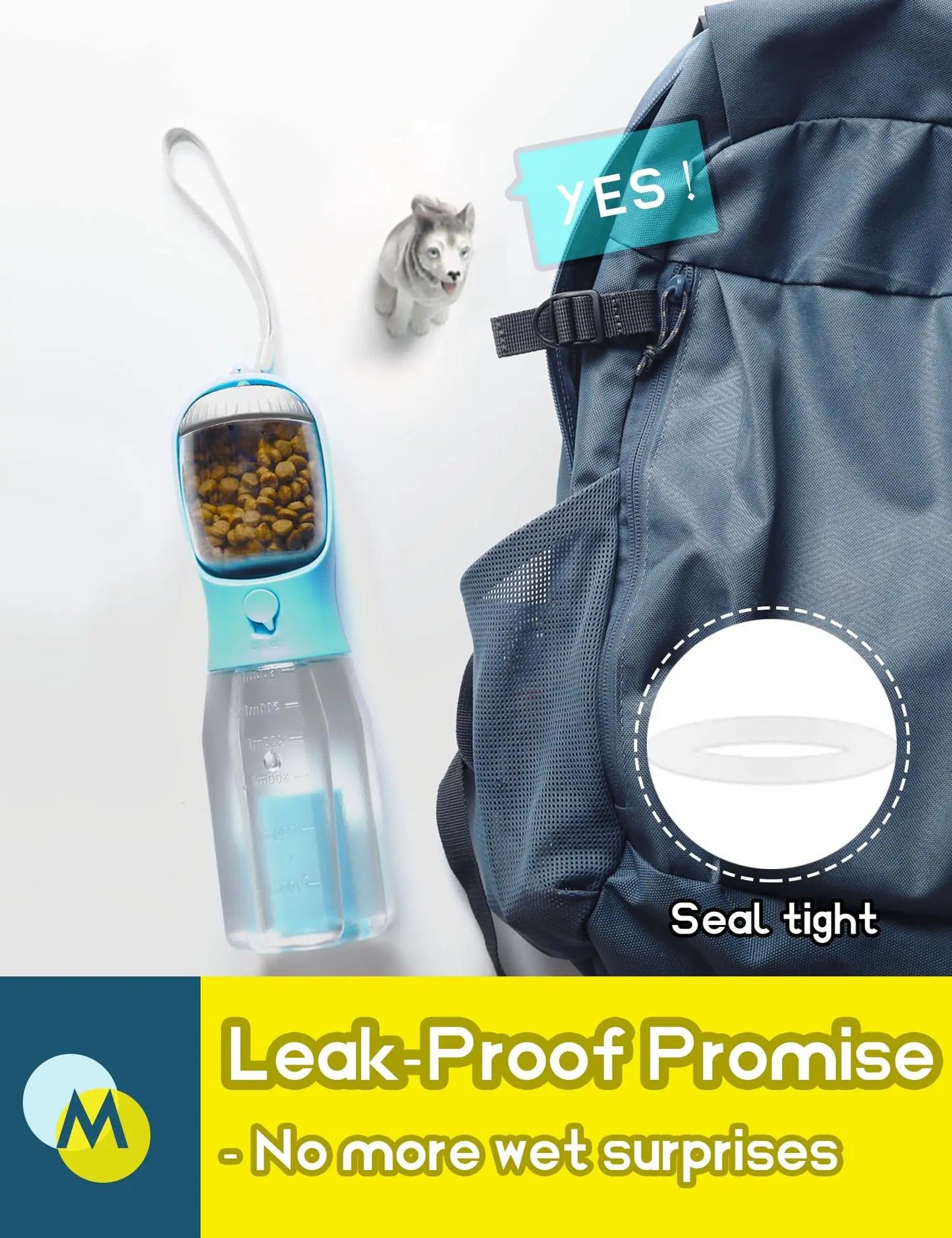 3-in-1 Portable Water Bottle for Dogs with Food Treat Container and Poop Bag Holder - Ideal for Outdoor Activities - 20oz - Blue