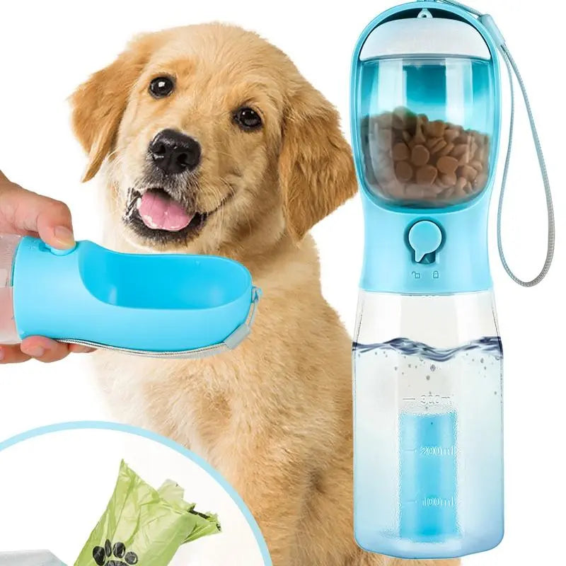 3-in-1 Portable Water Bottle for Dogs with Food Treat Container and Poop Bag Holder - Ideal for Outdoor Activities - 20oz - Blue