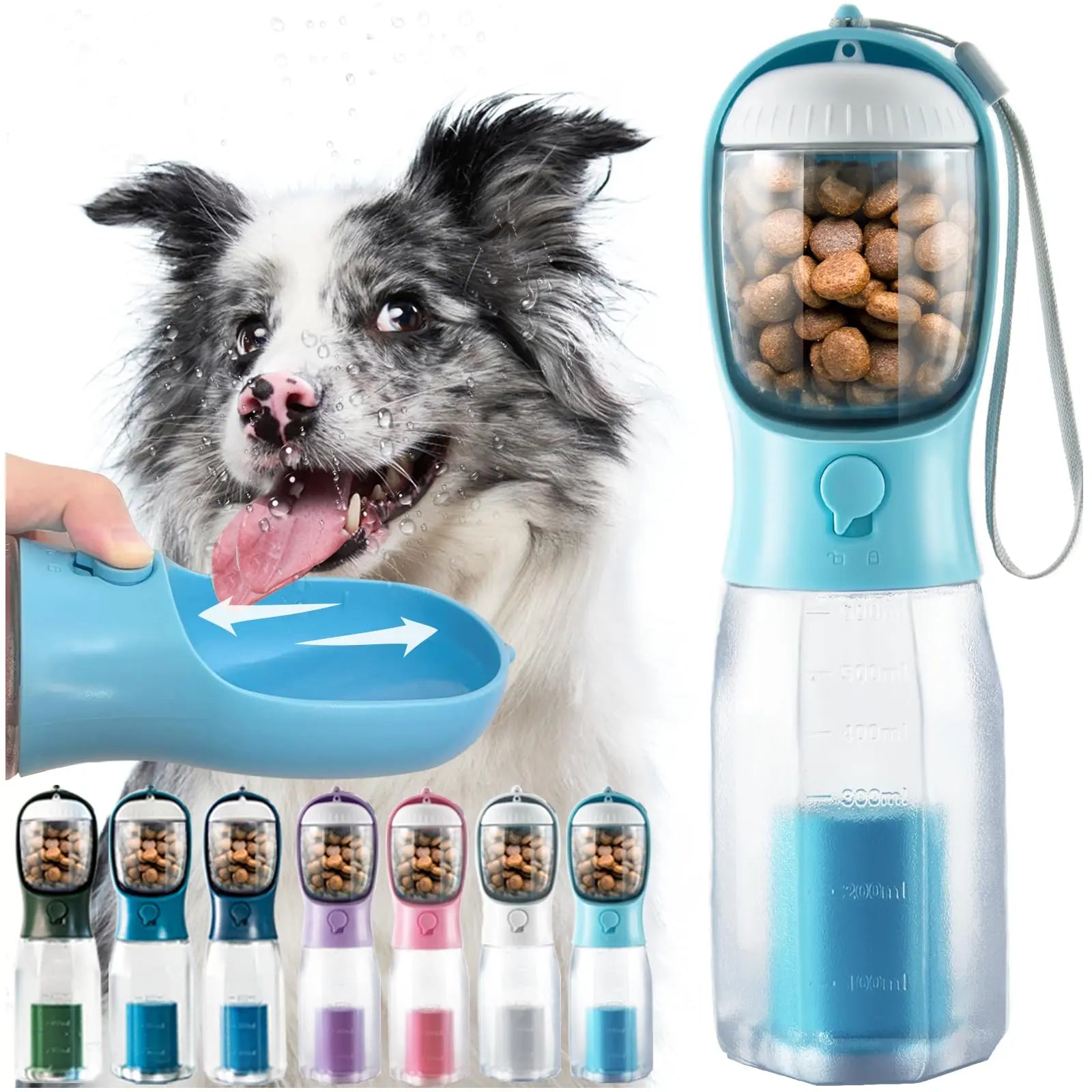 3-in-1 Portable Water Bottle for Dogs with Food Treat Container and Poop Bag Holder - Ideal for Outdoor Activities - 20oz - Blue
