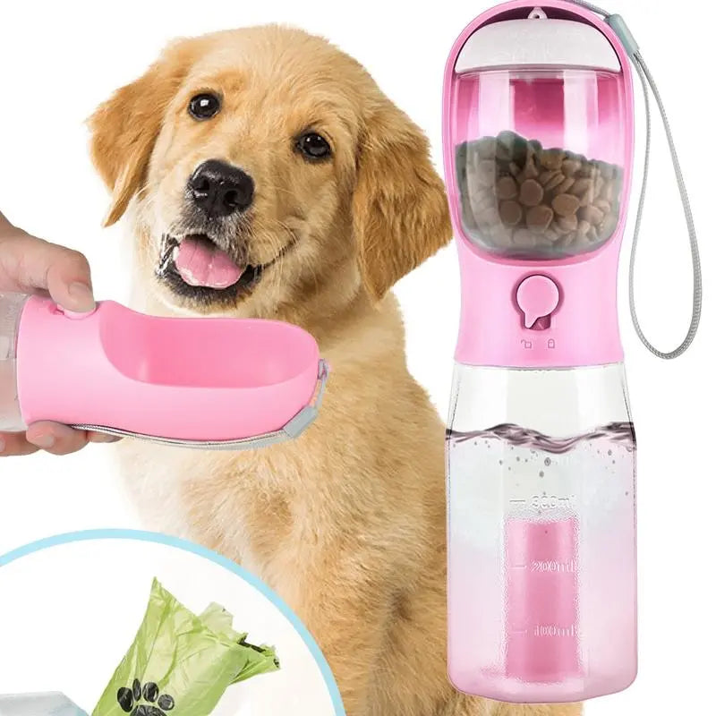 3-in-1 Portable Water Bottle for Dogs with Food Treat Container and Poop Bag Holder - Ideal for Outdoor Activities - 20oz - Blue